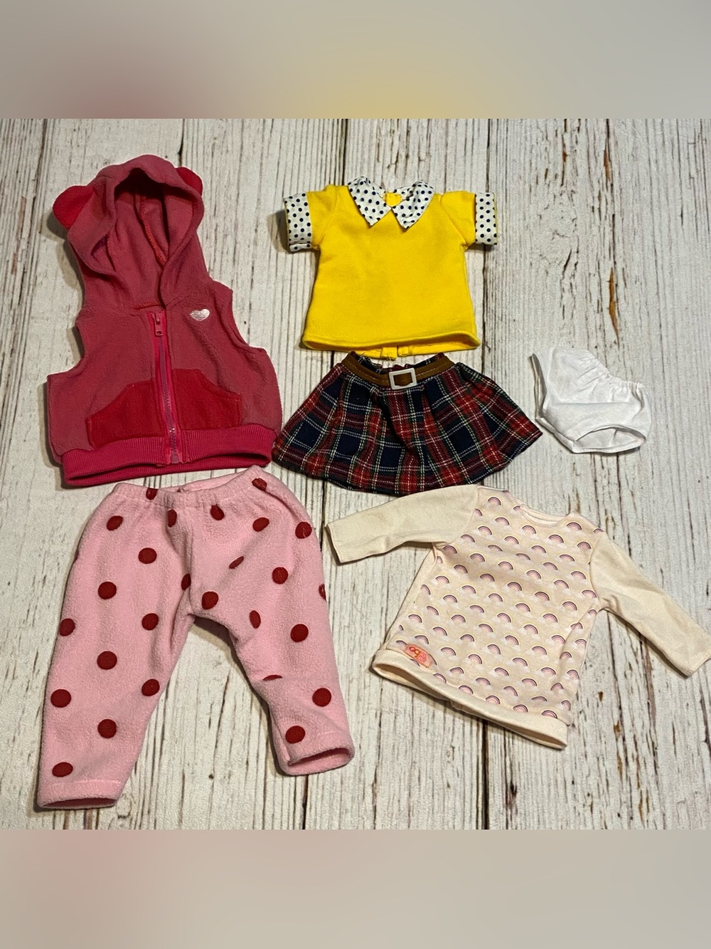 18” Doll Clothes Lot Skirt Vest Schoolgirl Skirt Butter Yellow Shirt Panty Pants